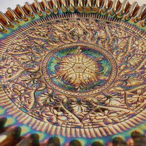 Fenton Carnival Glass Bowl Iridescent Ruffled Edge Hearts Pattern 11" Bowl